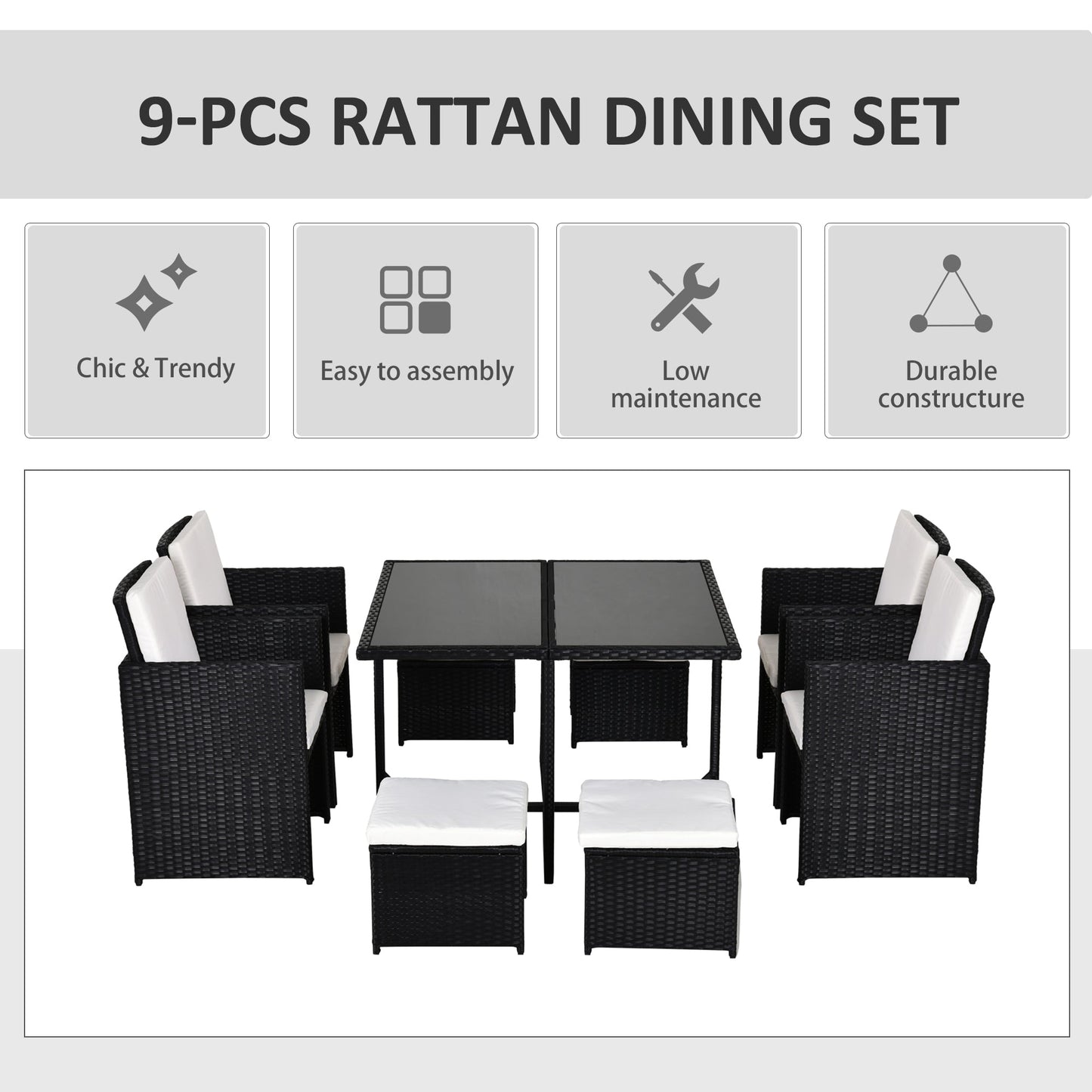 Outsunny 8 Seater Rattan Cube Garden Furniture Set, Rattan Dining Set with Cushions, Outdoor Dining Table and Chairs with 4 Armchairs, 4 Stools, Square Glass Top Table, Black