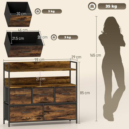 HOMCOM Rustic Chest of Five Fabric Drawers - Rustic Brown
