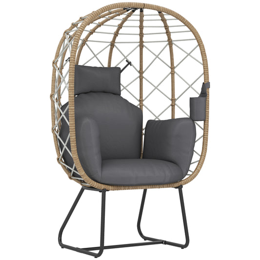 Outsunny Rattan Egg Chair Outdoor Indoor Wicker Chair z pogrubioną poduszką i zagłówkiem, stojący ogrodowy Egg Chair z uchwytem na kubek, metalowa rama na patio, balkon, brązowy