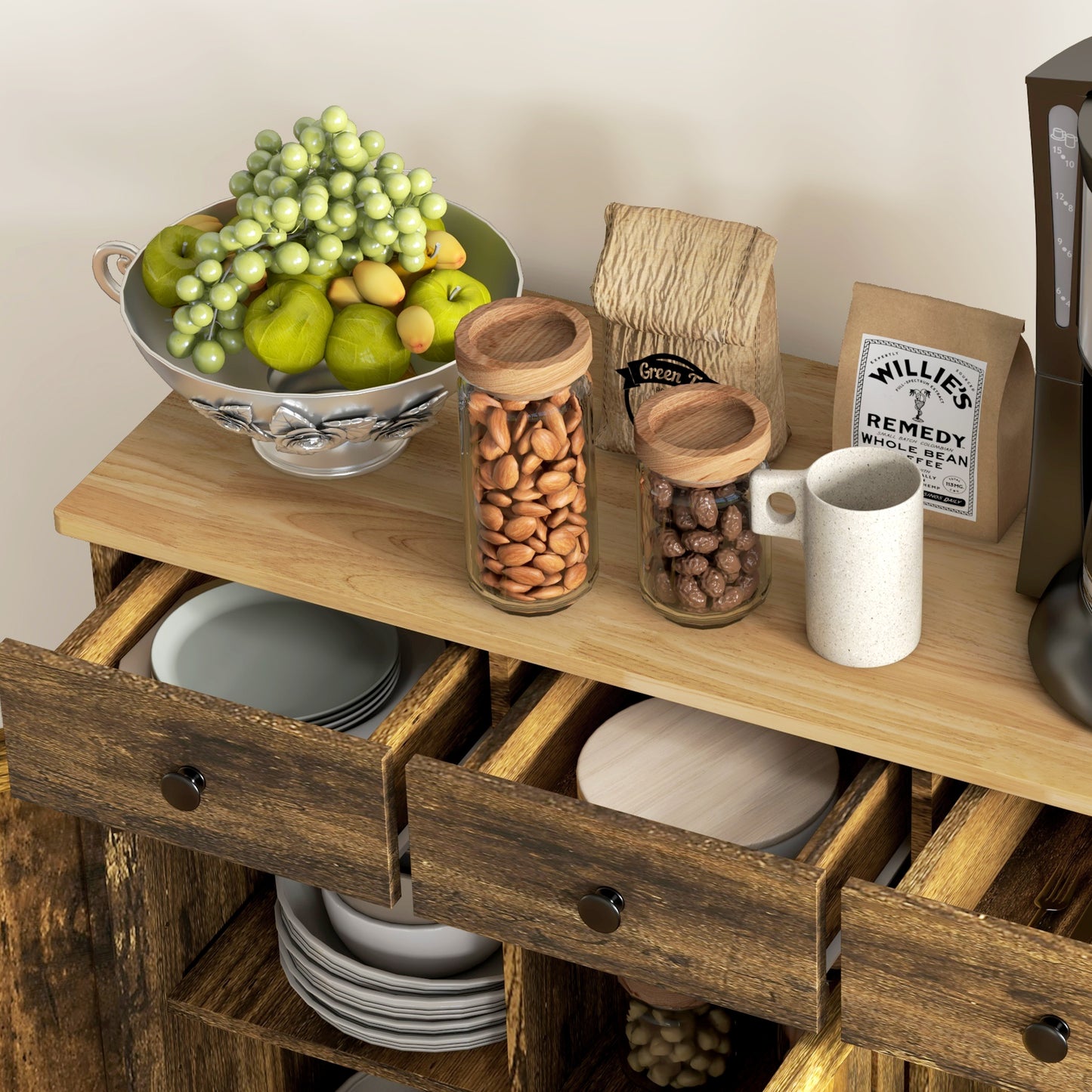 HOMCOM Sideboard with Rubberwood Top and Adjustable Shelves for Dining Room, Kitchen - Rustic Brown