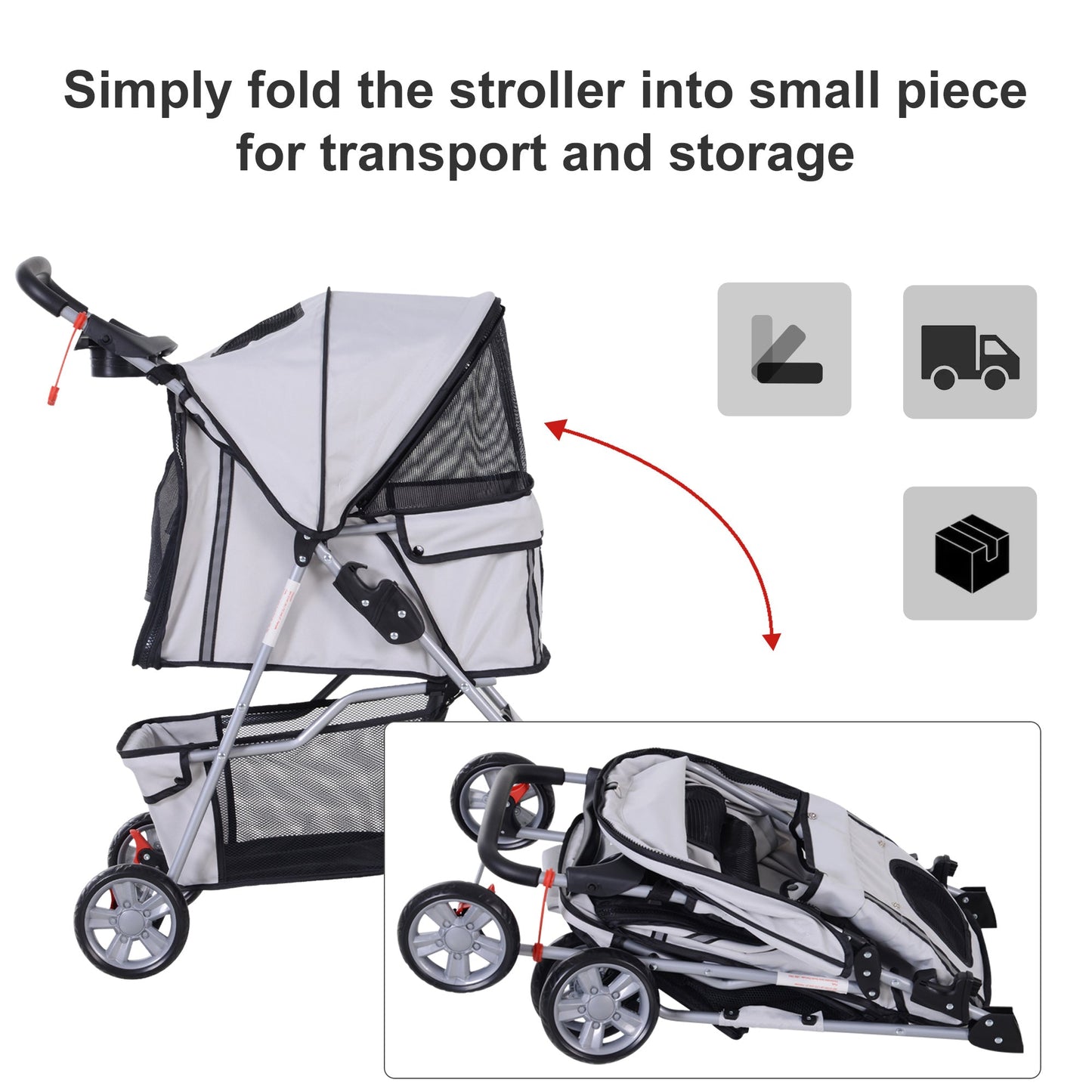 PawHut Dog Pram Pet Stroller Dog Pushchair Foldable Travel Carriage with Wheels Zipper Entry Cup Holder Storage Basket Grey