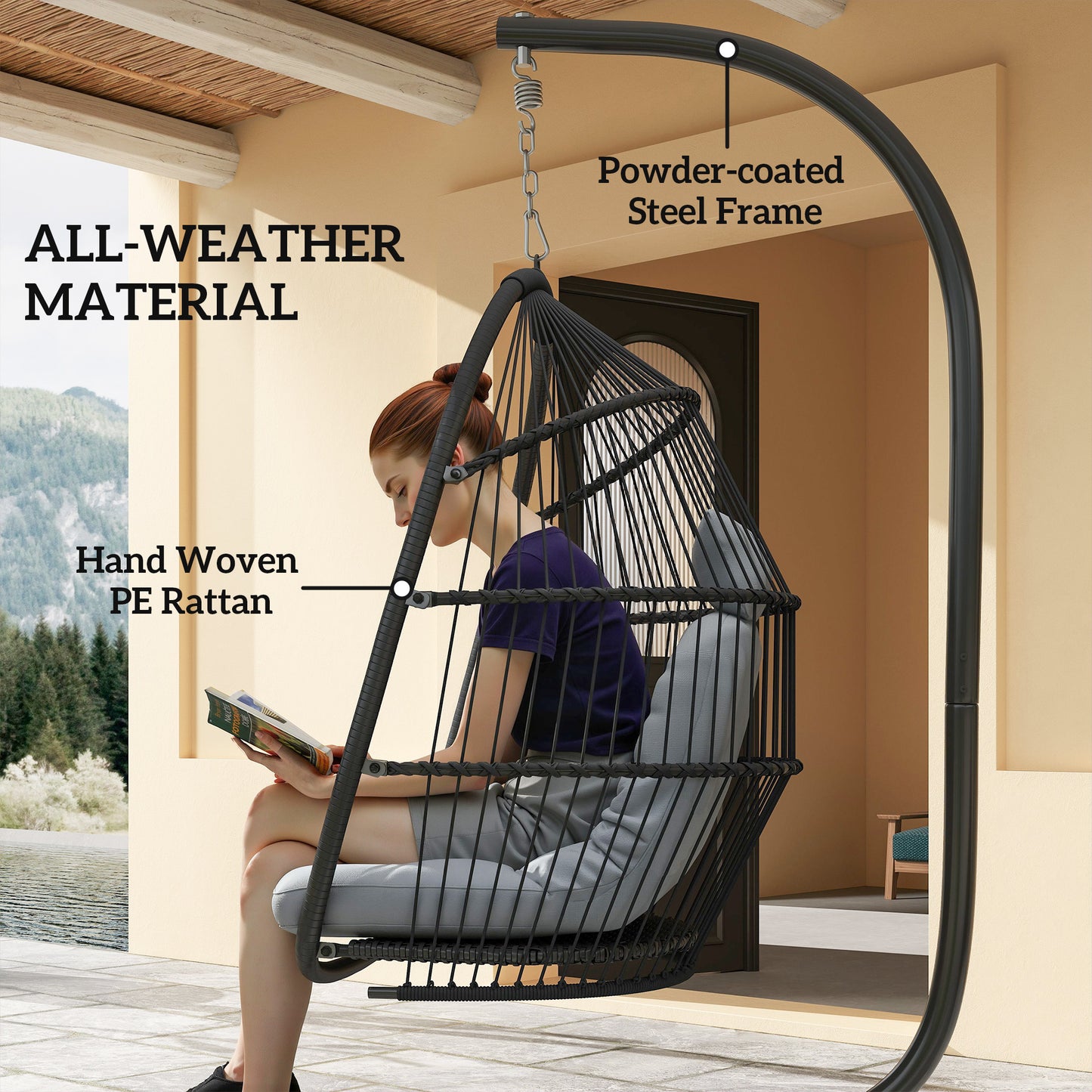 Outsunny Rattan Hanging Egg Chair with Stand, Foldable Wicker Swing Egg Chair with Cushion, Head Pillow, Steel Frame, Hammock Chair for Indoor Outdoor, Capacity 150 kg, Dark Grey