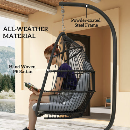 Outsunny Rattan Hanging Egg Chair with Stand, Foldable Wicker Swing Egg Chair with Cushion, Head Pillow, Steel Frame, Hammock Chair for Indoor Outdoor, Capacity 150 kg, Dark Grey