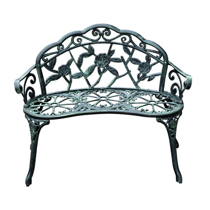 Outsunny Cast Aluminium Outdoor Garden Patio Antique Rose Style Bench Porch Park Chair Seat - أخضر