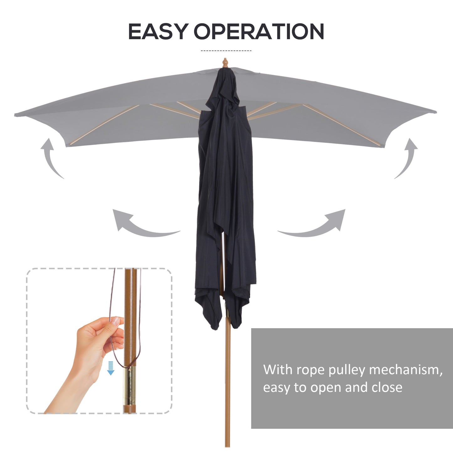 Outsunny 2 x 3m Wooden Garden Parasol Umbrella Outdoor Sun Shade Canopy, Black