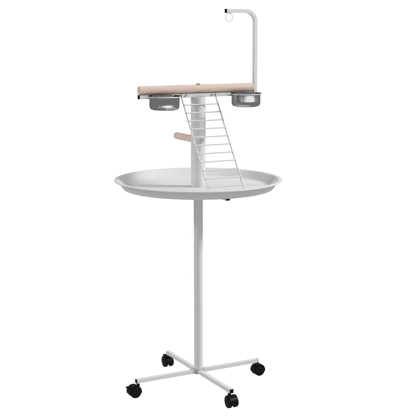 PawHut Bird Stand with Four Wheels, Perches, Stainless Steel Feed Bowls, Round Tray, for Garden, Indoor, Outdoor - White