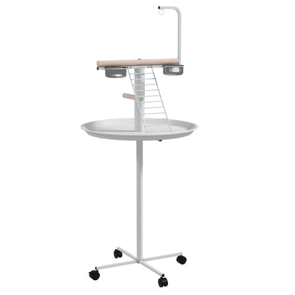 PawHut Bird Stand with Four Wheels, Perches, Stainless Steel Feed Bowls, Round Tray, for Garden, Indoor, Outdoor - White
