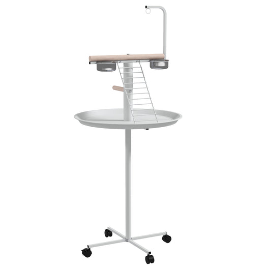 PawHut Bird Stand with Four Wheels, Perches, Stainless Steel Feed Bowls, Round Tray, for Garden, Indoor, Outdoor - White