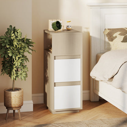 HOMCOM Slim Bedside Table, Narrow Bedside Cabinet with Open Shelf and 2 Drawers for Bedroom, Living Room, Natural Wood Finish
