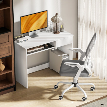 Vinsetto Home Office Chair and Computer Desk Set, Mesh Chair with with 90 Flip-up Armrest, Study Desk with Keyboard Tray and Drawer, White and Grey