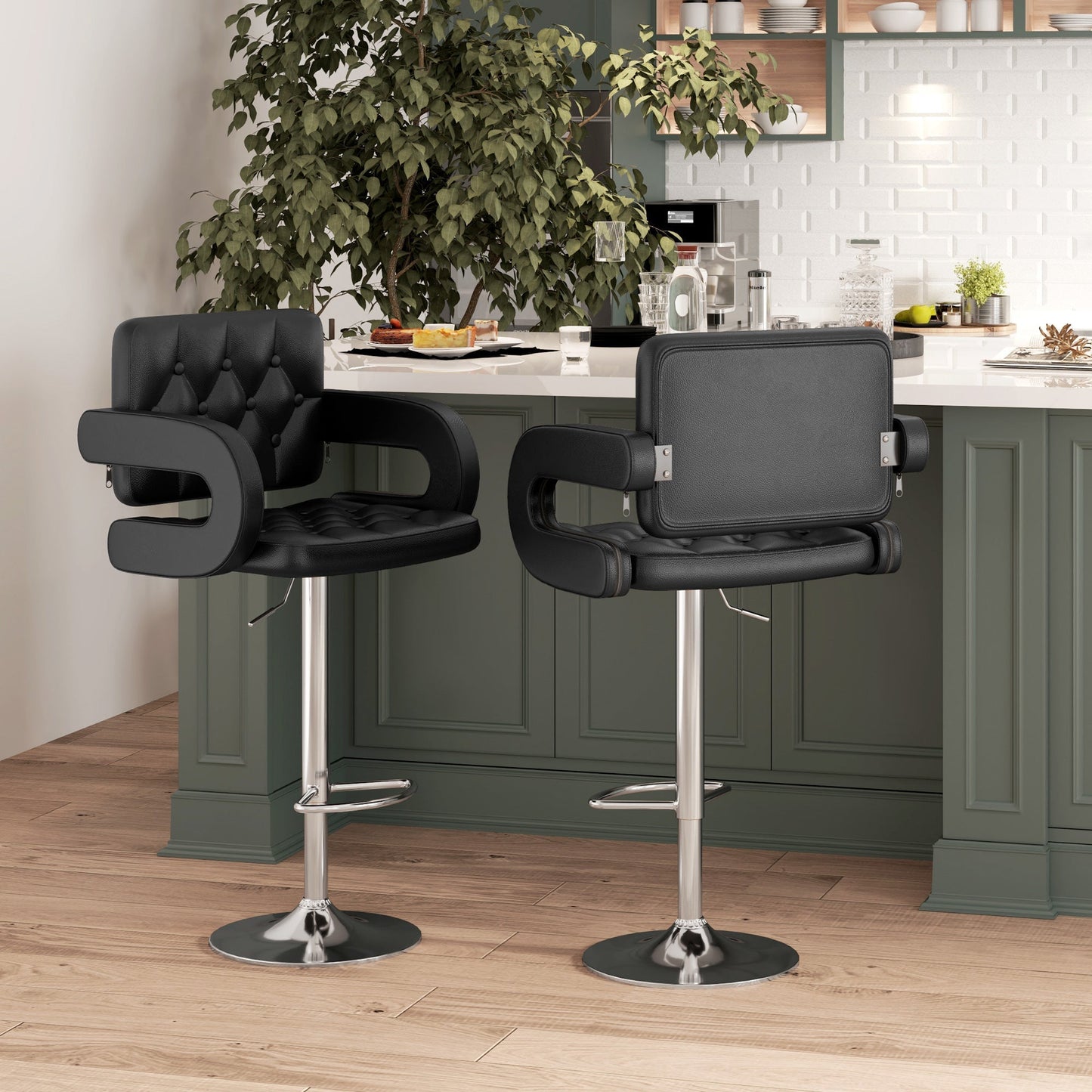 Set of 2 PU Leather Upholstered Swivel Bar Stool, Height Adjustable Barstool with Back, Armrest, Footrest for Kitchen