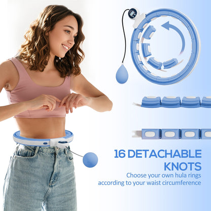 SPORTNOW Smart Weighted Hula Hoop, Massage Hula Ring w/ 16 Detachable Knots, 360 Auto-Rotating Ball, Digital Counter Light Blue