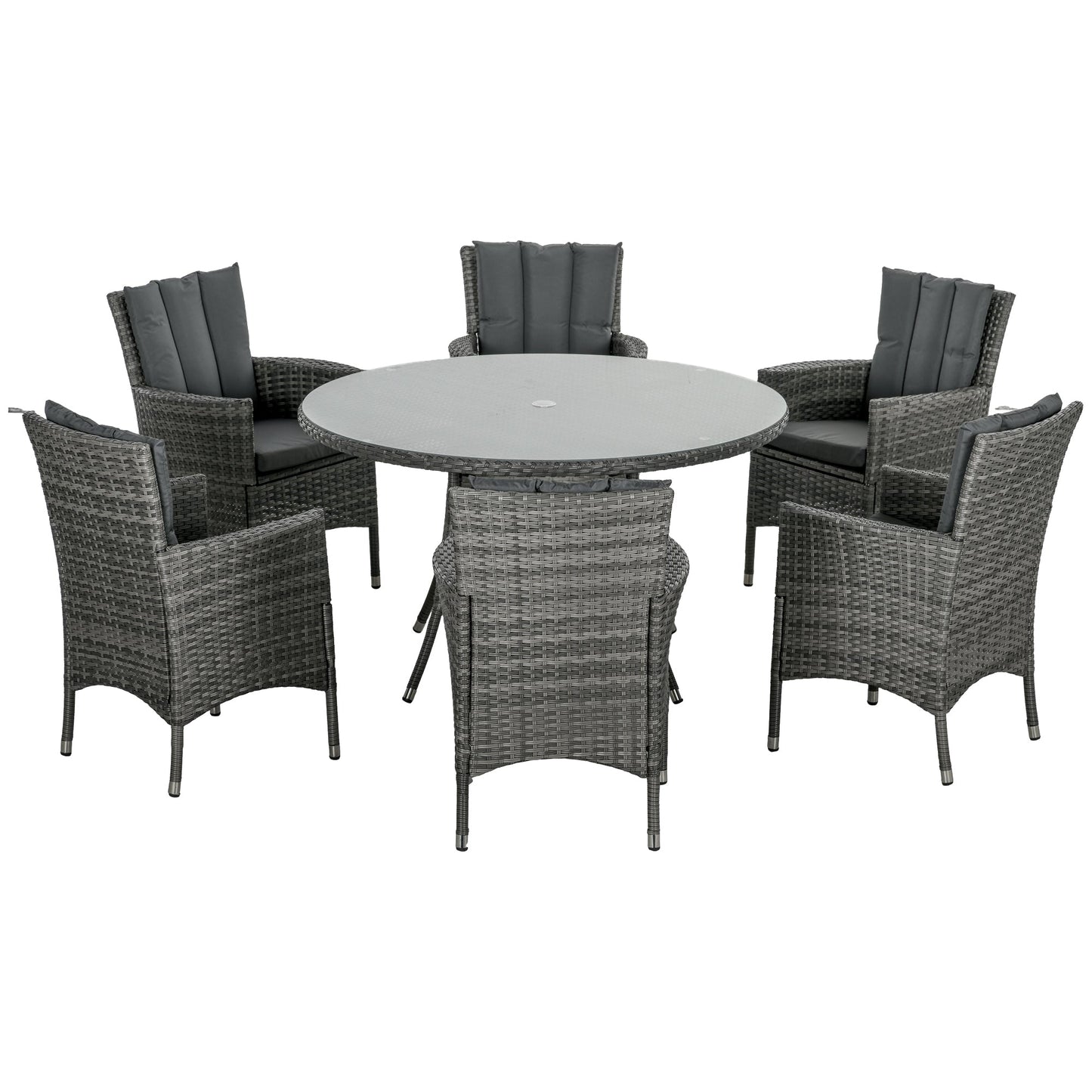 Outsunny 7 Pieces PE Rattan Outdoor Garden Furniture Dining Set With Cushions And Six Armchairs / Tempered Glass Tabletop - Mixed Grey