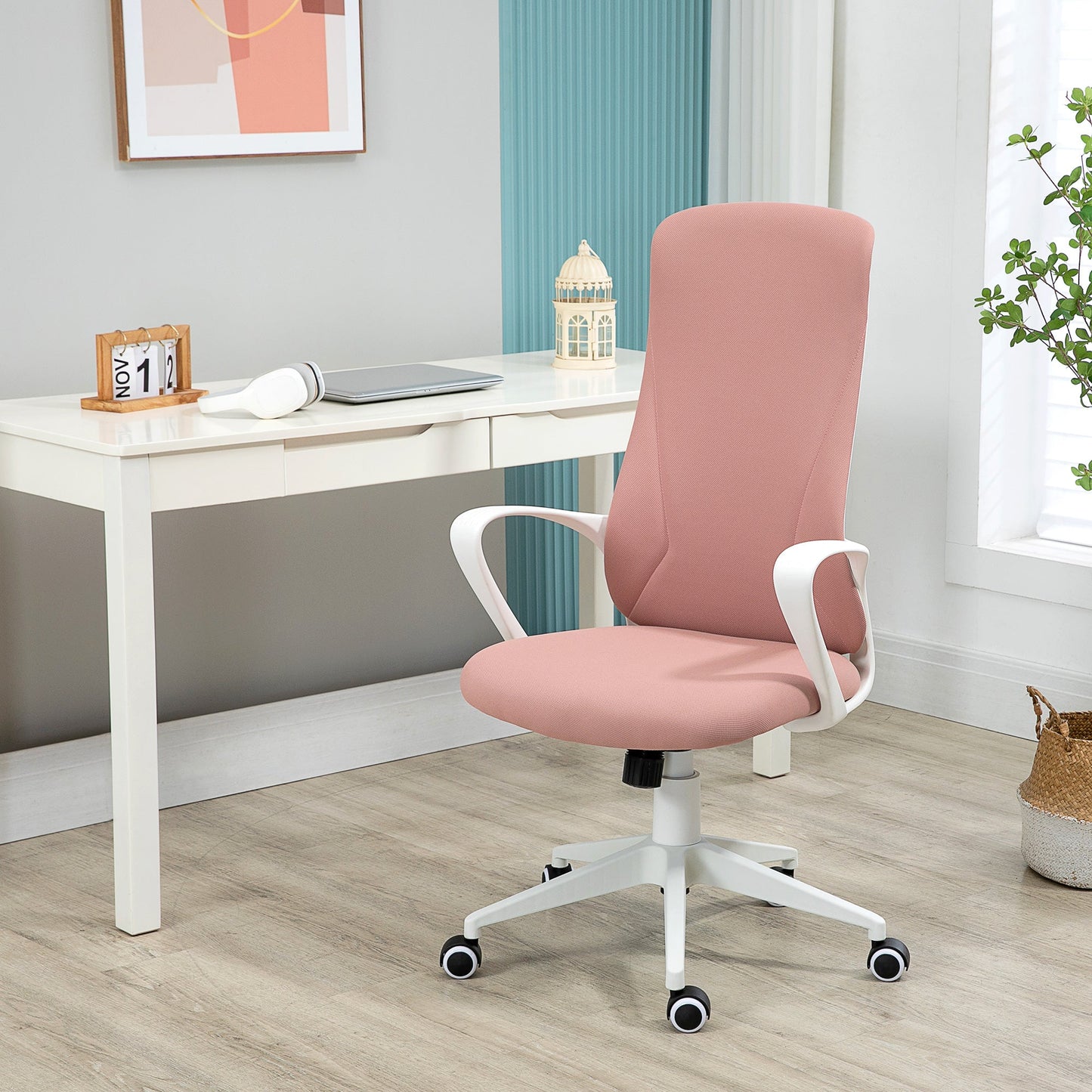 Vinsetto High Back Office Chair, Fabric Desk Chair with Armrests, Adjustable Height, Swivel Wheels, Pink