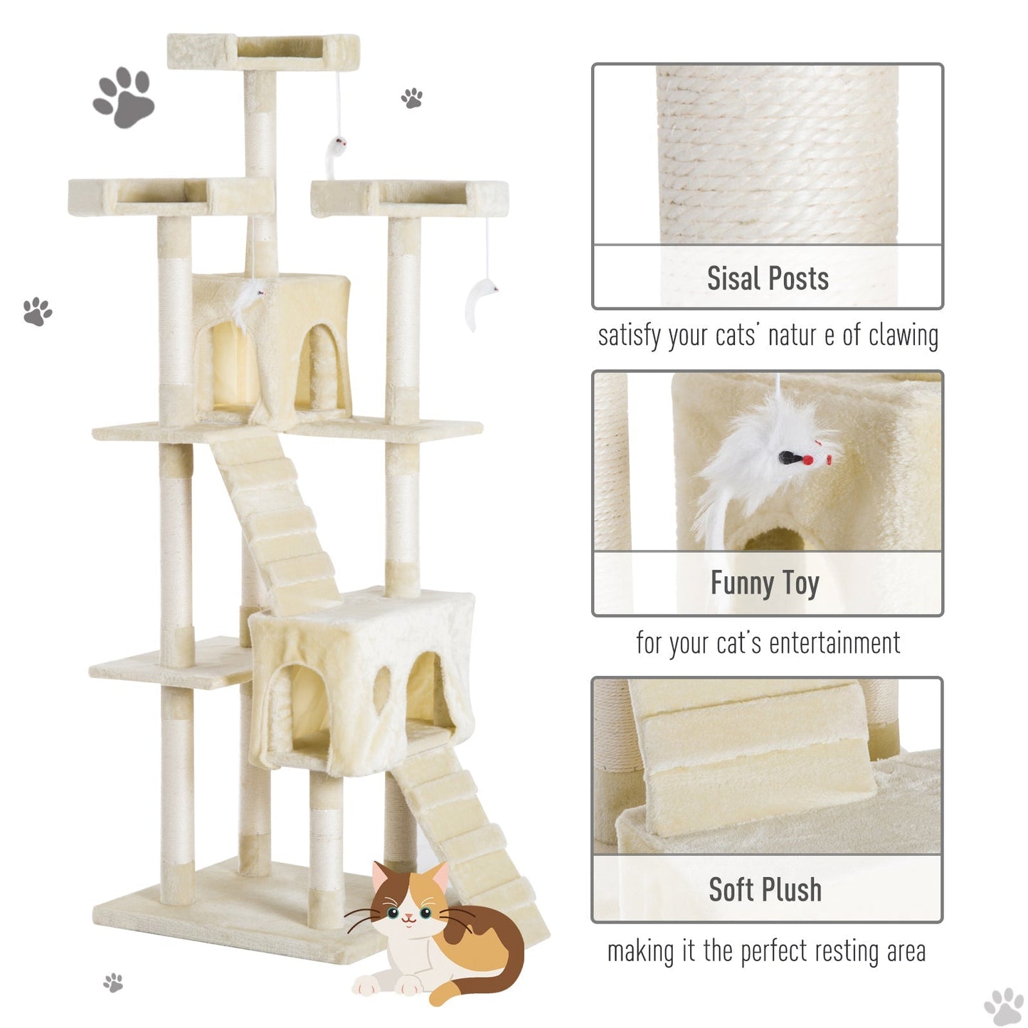 PawHut Cat Tower Centre Sisal Kitten Tree Scratch Scratcher Scratching Post Toy Climbing Tree Bed Multi Level 181cm(H)