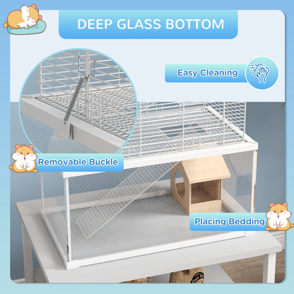 PawHut Gerbil Cage, Dwarf Hamster Cage w/ Deep Glass Bottom, Ramps, Platforms, Hut, Exercise Wheels, Water Bottle - White