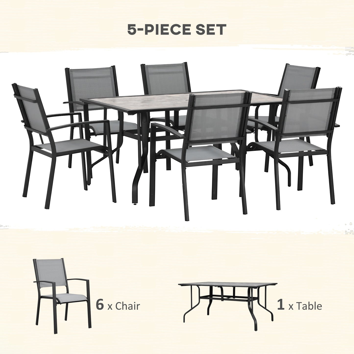 Outsunny 7 Pieces Garden Dining Set, 6 Seater Garden Table and Chairs with Parasol Hole, Outdoor Furniture Armchairs and Stone-like Plastic Top Table with Breathable Mesh Fabric Seat, Grey