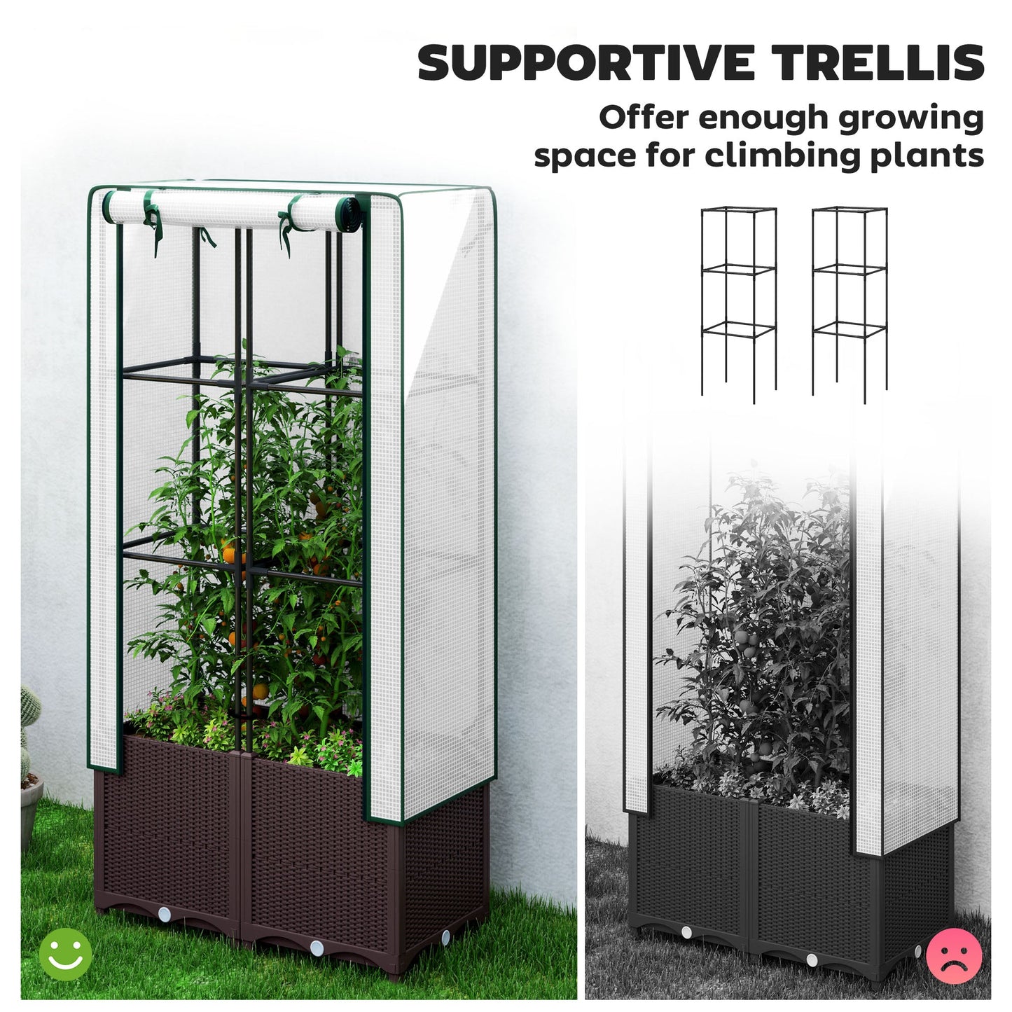 Outsunny Raised Garden Bed with Trellis, Plastic Planter Box with PE Cover, Drainage Holes and Drain Plugs for Climbing Plants, Vegetables, Flowers, 80 x 40 x 140 cm