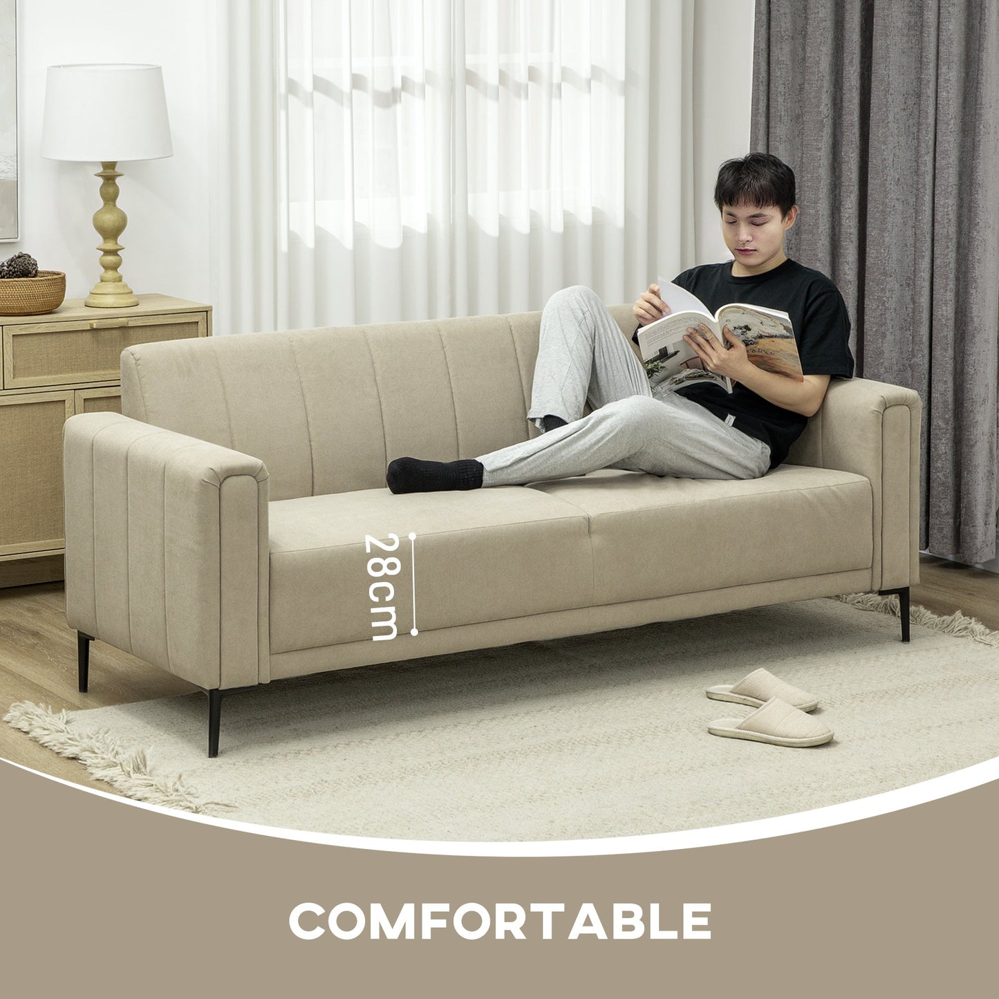 HOMCOM 3 Seater Sofa, Modern Fabric Sofa Couch, Channel Tufted Upholstered Sofa Settee for Living Room, Guest Room, Bedroom, Home Office, Khaki