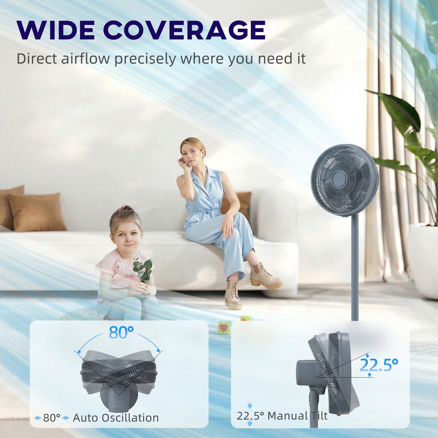 HOMCOM 40 cm Standing Fan, Cooling Floor Fan with 80 degrees Oscillating, Adjustable Tilt and Height, 4 Speed, Remote Control, Grey