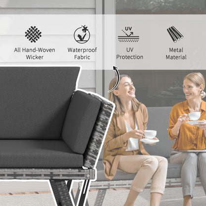 Sofa Outsunny 2-osobowa z rattanu z poduszkami, 2-w-1 z rattanu PE z podłokietnikami lewostronnymi w górę lub w dół, ogrodowa leżanka dwuosobowa na zewnątrz, patio, mieszany szary