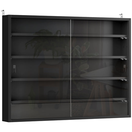 HOMCOM 5-Tier Wall Display Shelf Unit Cabinet w/ 4 Adjustable Shelves Glass Doors Home Office Ornaments 60x80cm Black