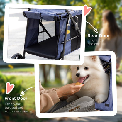 PawHut Dog Pram Dog Stroller 4 Wheels Pet Pushchair with Rolling Door, Cushion, Safety Leashes, for Small and Medium Dogs, Dark Blue