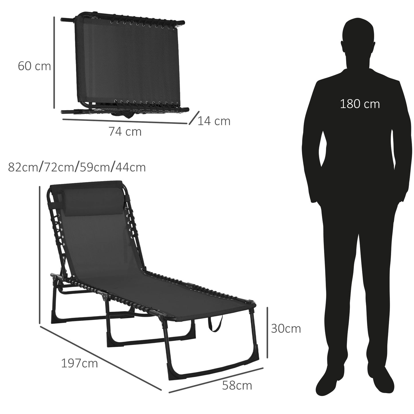 Outsunny Foldable Sun Lounger, Outdoor 4 Level Adjustable Backrest Reclining Chaise Chair, Steel Frame Recliner Chair for Camping, Hiking, Black