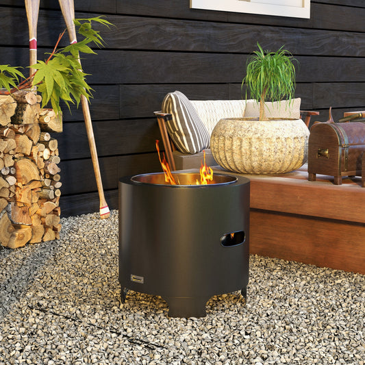 Outsunny Smokeless Fire Pit, 45 cm przenośne palenisko na drewno, okrągły metalowy piec ogniskowy z pogrzebaczem do ogrodu, kemping, czarny