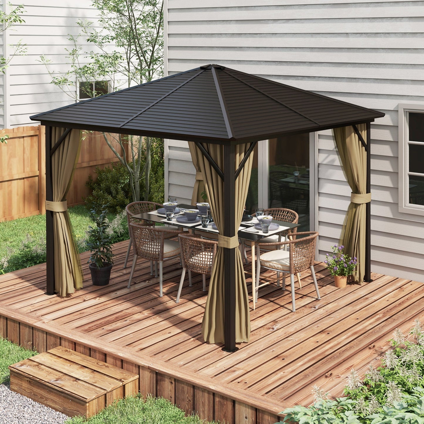 Outsunny 3 x 3 M Garden Lawn Patio Hard Top Metal Roof Gazebo Canopy Shelter With Netting And Curtains Aluminium Frame - Bronze Tone