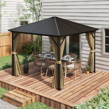 Outsunny 3 x 3 M Garden Lawn Patio Hard Top Metal Roof Gazebo Canopy Shelter With Netting And Curtains Aluminium Frame - Bronze Tone