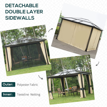 3.6 x 3(m) Hardtop Gazebo Canopy with Polycarbonate Roof and Aluminium Frame, Garden Pavilion with Mosquito Netting and Curtains, Brown