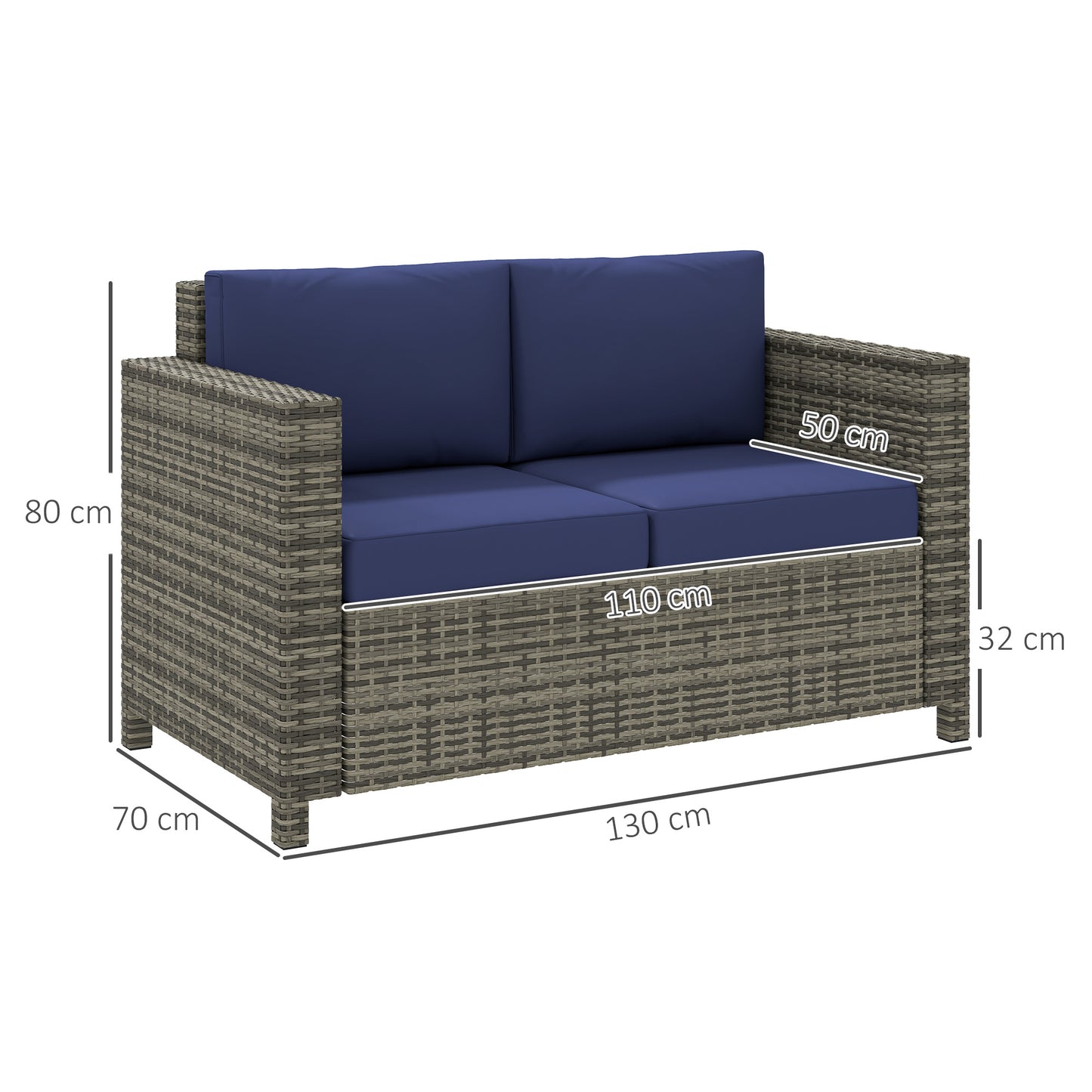 Outsunny 2-osobowe meble ogrodowe, sofa rattanowa z miękką wyściełaną poduszką i podłokietnikami, wiklinowa ogrodowa sofa dwuosobowa na patio, granatowa