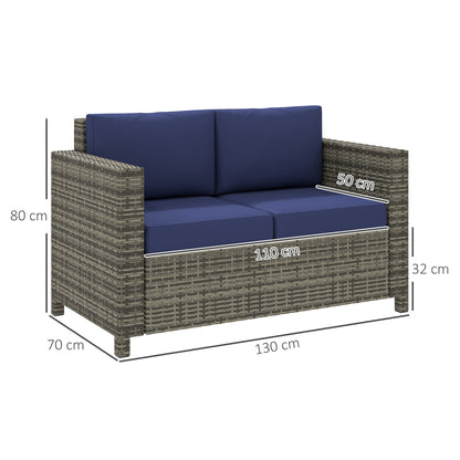 Outsunny 2-osobowe meble ogrodowe, sofa rattanowa z miękką wyściełaną poduszką i podłokietnikami, wiklinowa ogrodowa sofa dwuosobowa na patio, granatowa