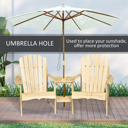 Outsunny Wooden Outdoor Double Adirondack Chairs Loveseat w/ Centre Table and Umbrella Hole, Garden Patio Furniture for Lounging and Relaxing, Natural