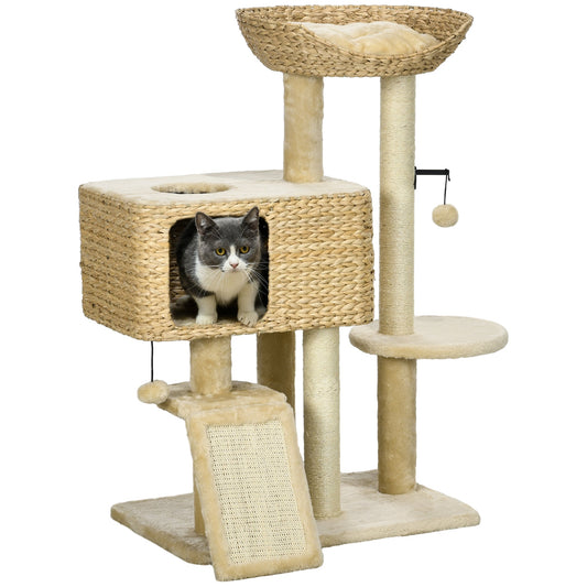 PawHut 95cm Cat Tree Tower for Indoor Cats, with Scratching Post, Cat House, Toy Ball, Platform - Beige