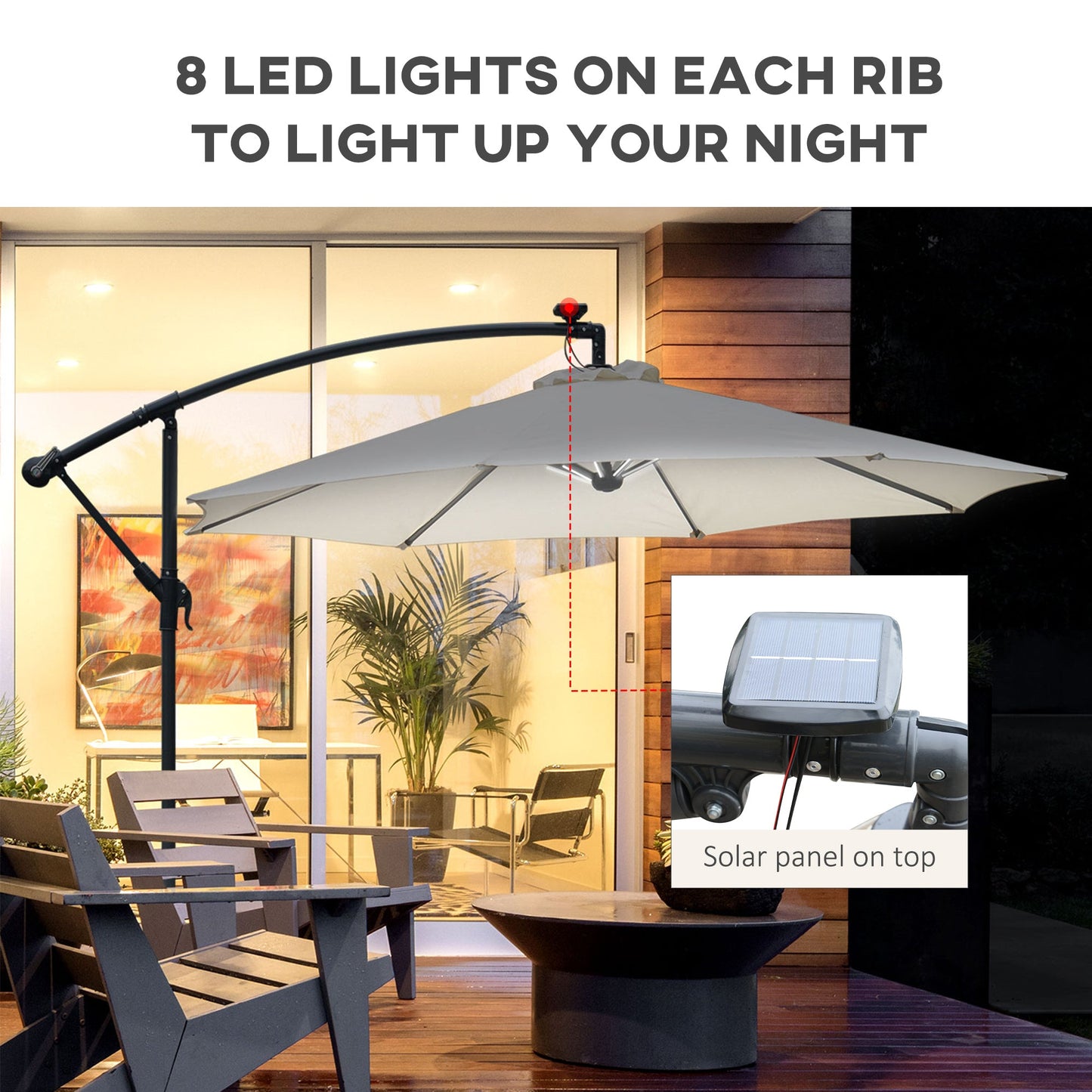 Parasol Outsunny z paskami LED zasilanymi energią słoneczną, 2,95 x 2,45 H, m-kremowy