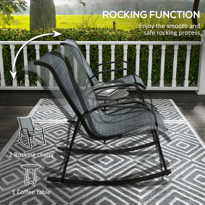 3 Piece Outdoor Rocking Set With 2 Armchairs, Metal Top Coffee Table, Patio Bistro Set With Curved Armrests, Breathable Mesh Fabric Seat - Mixed Grey