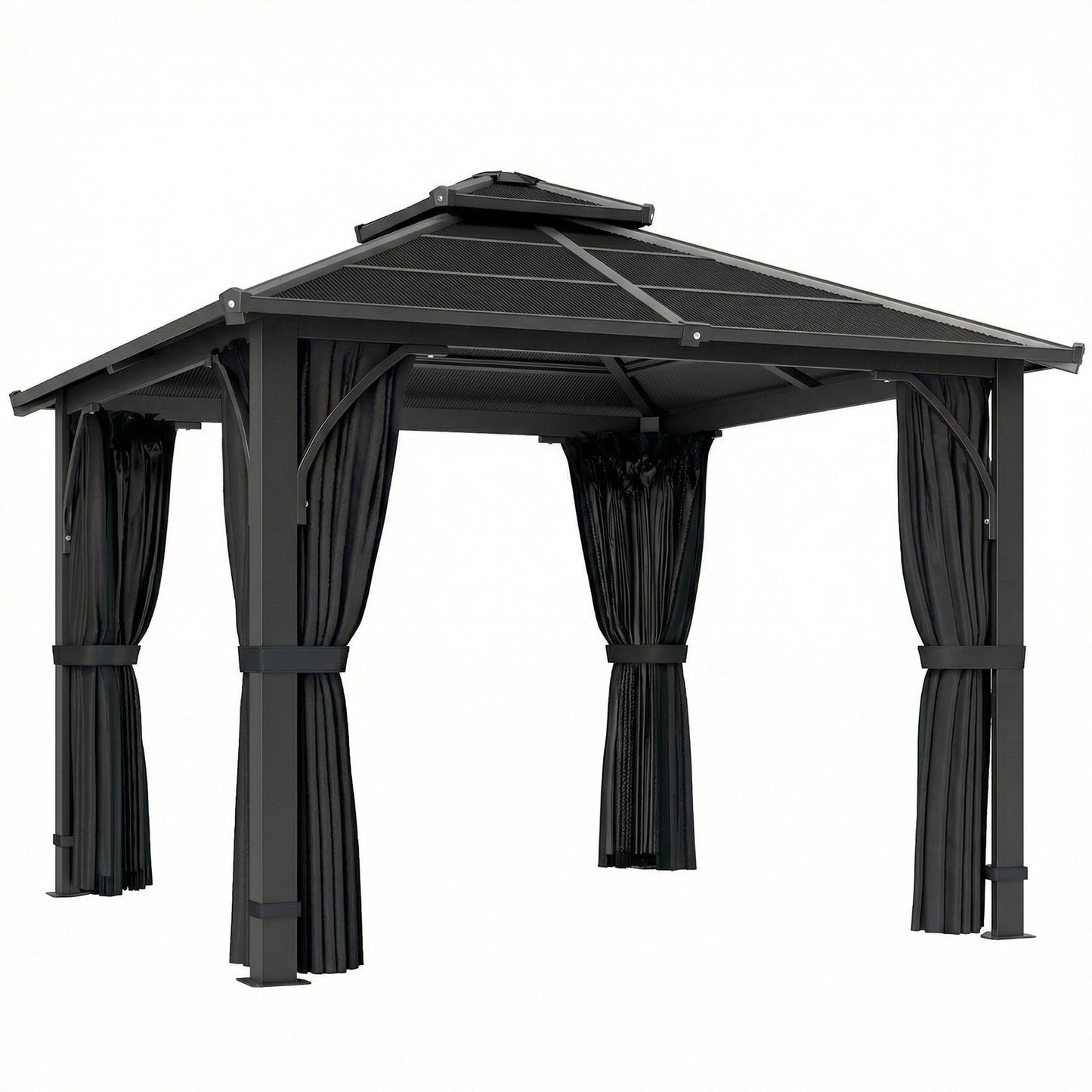 Outsunny 2.5 x 2.5 m Hardtop Gazebo Canopy with 7mm PC Roof, Garden Gazebo Permanent Pavilion with Netting, Curtains, Dark Grey