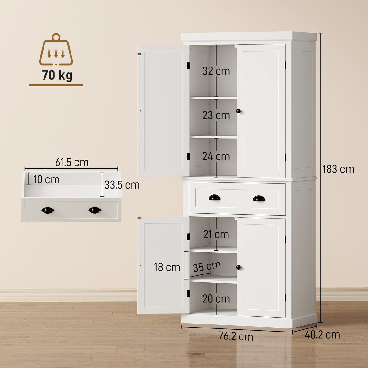 HOMCOM Tall Kitchen Cupboard, 183 cm Freestanding Storage Cabinet with Drawer, 4 Doors and Adjustable Shelves, White
