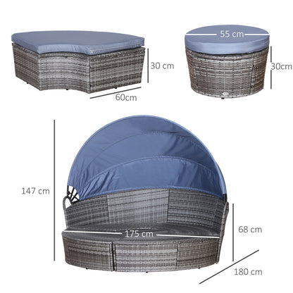 Outsunny Outdoor PE Rattan Garden Furniture with Cushioned, Patio Wicker Conversation Furniture Set, Round Daybed with Retractable Canopy, Coffee Table and Three Pillows, Grey/Blue Grey