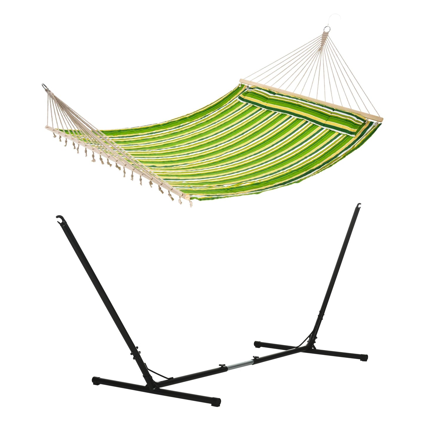 Outdoor Garden Hammock W/ Stand, Double Cotton Hammock, Adjustable Steel Frame, Swing Hanging Bed W/  Pillow For Garden, Patio, Beach, Green Stripes