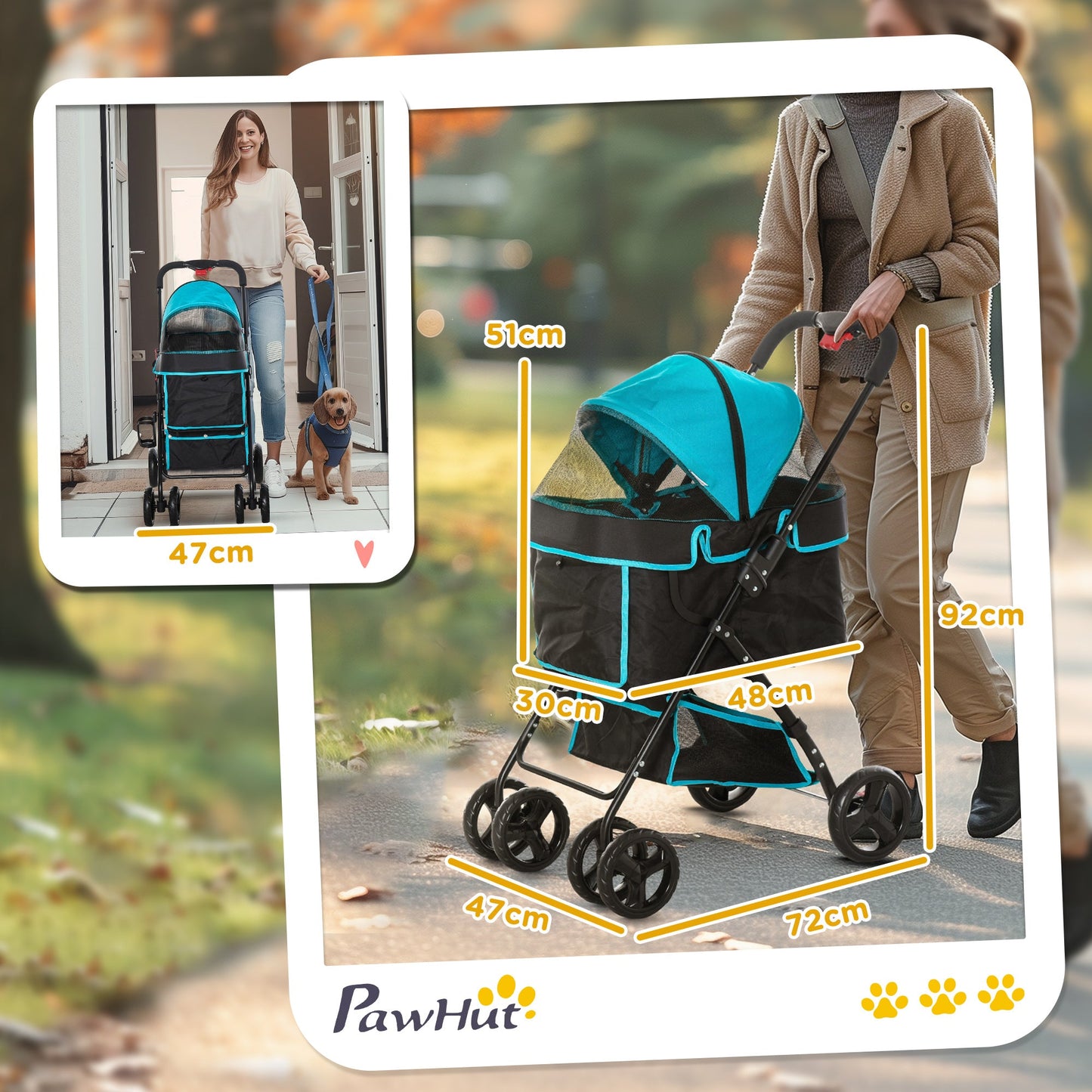 PawHut Dog Pram Dog Stroller Pet Pushchair Foldable with Brake, Cupholder, Safety Leash, for Miniature Dogs