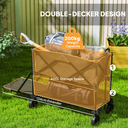 Outsunny Double Decker składany wózek na kółkach, 200 kg i pojemność 350 l składany wózek festiwalowy z przedłużeniem o 134 cm do kempingu, sportu, zakupów, ogrodu i na plażę, szary
