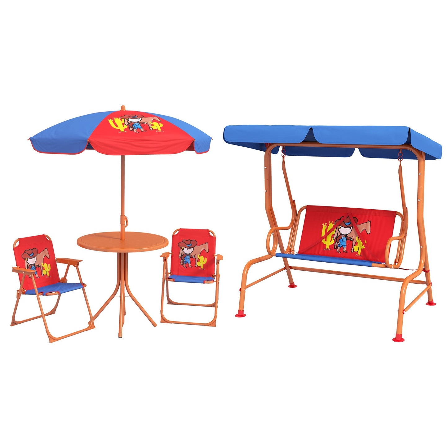 Outsunny 4 Piece Kids Garden Furniture Set With Adjustable Canopy, Cowboy Themed, Kids Garden Table and Chair Set - Ages 3-6 Years - Red and Blue