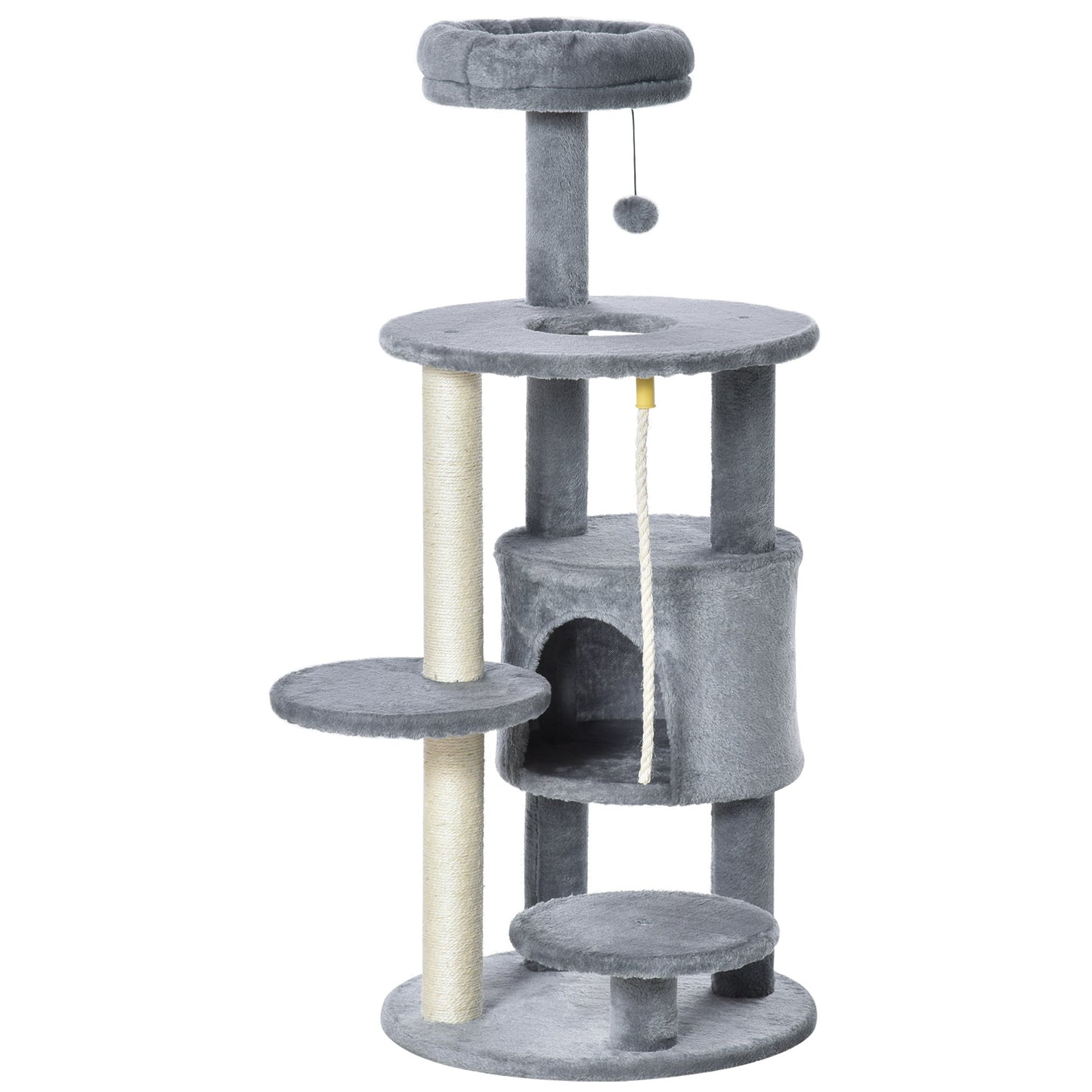 PawHut Cat Tree Tower 112cm Climbing Kitten Activity Centre with Jute Scratching Post Perch Hanging Ball Toy Teasing Rope Dark grey