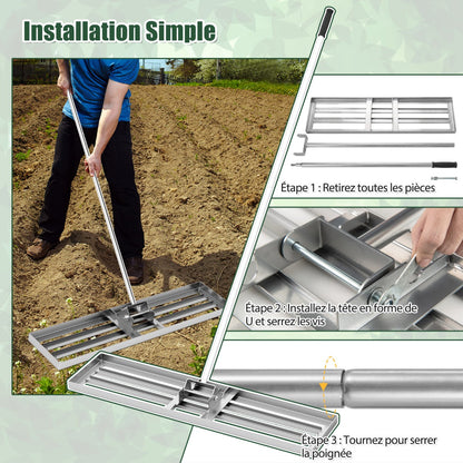 42 x 10 Inch Lawn Leveling Rake with Ergonomic Handle-Silver