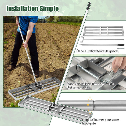 42 x 10 Inch Lawn Leveling Rake with Ergonomic Handle-Silver