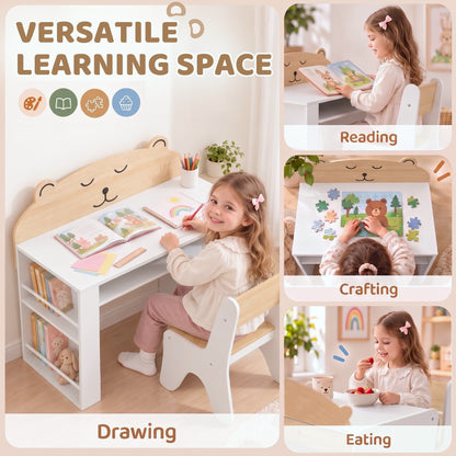 AIYAPLAY Kids Table and Chair Set with Side Bookshelves, Open Storage, Non-Slip Pads for 3-8 Y, Bedroom, Study Room, Bear-Themed