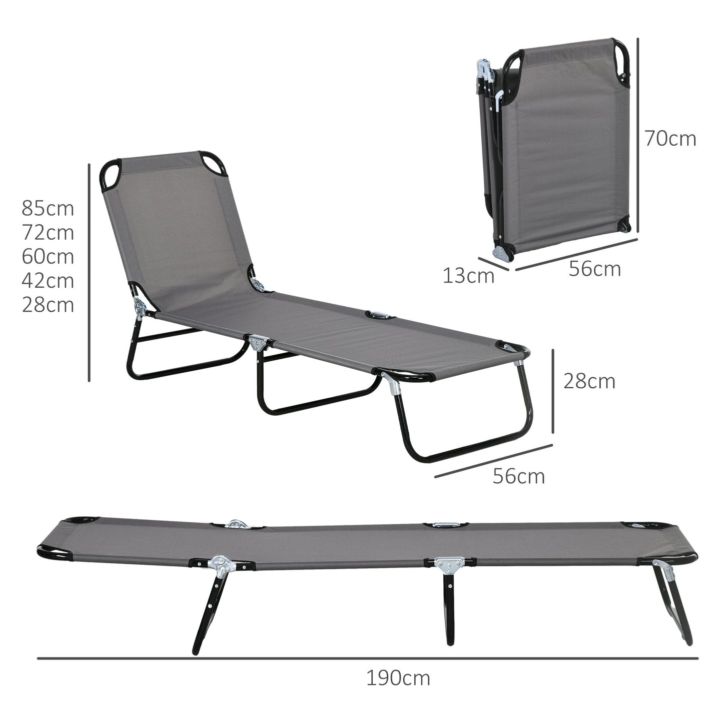 Outsunny Garden Sun Lounger, with Five-Position Back - Grey